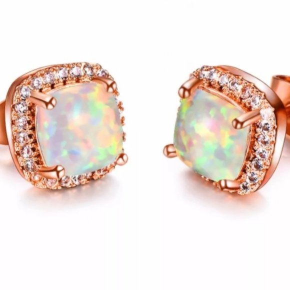 NEW 18K Rose Gold White Opal Diamond Halo Earrings - Picture 3 of 6
